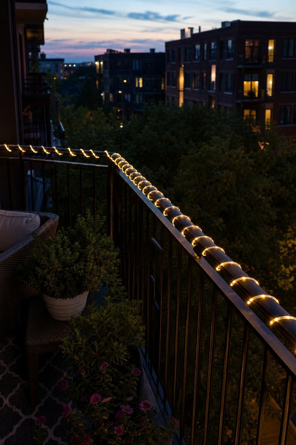 Warm LED string lights spiraled evenly around a black metal balcony top rail