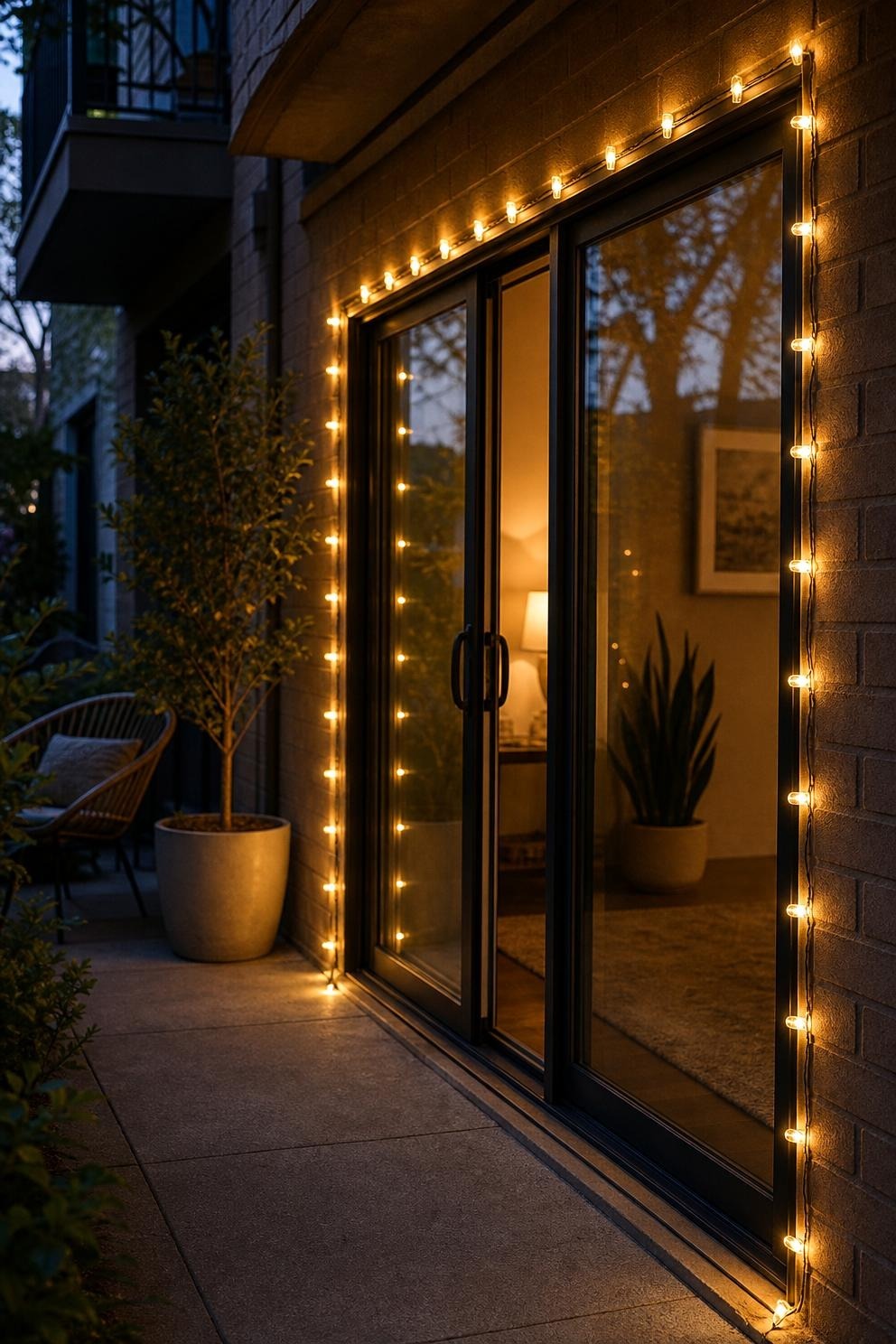 Warm Christmas lights held by small clear outdoor clips around an apartment sliding door
