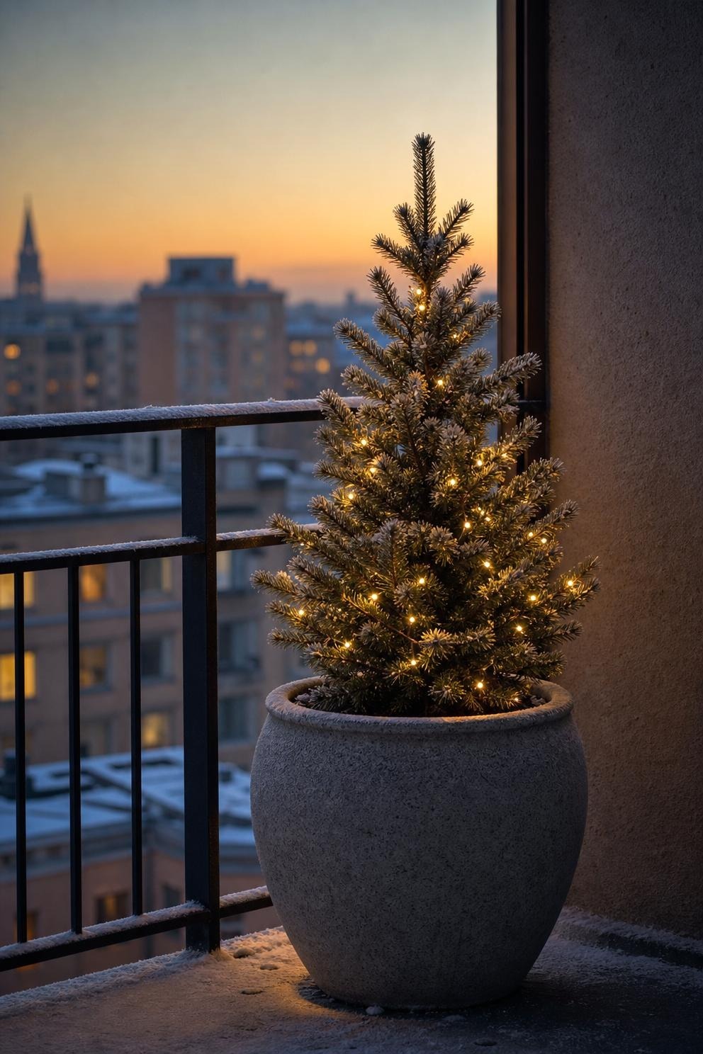 Small potted evergreen on a balcony wrapped with one warm battery-light strand