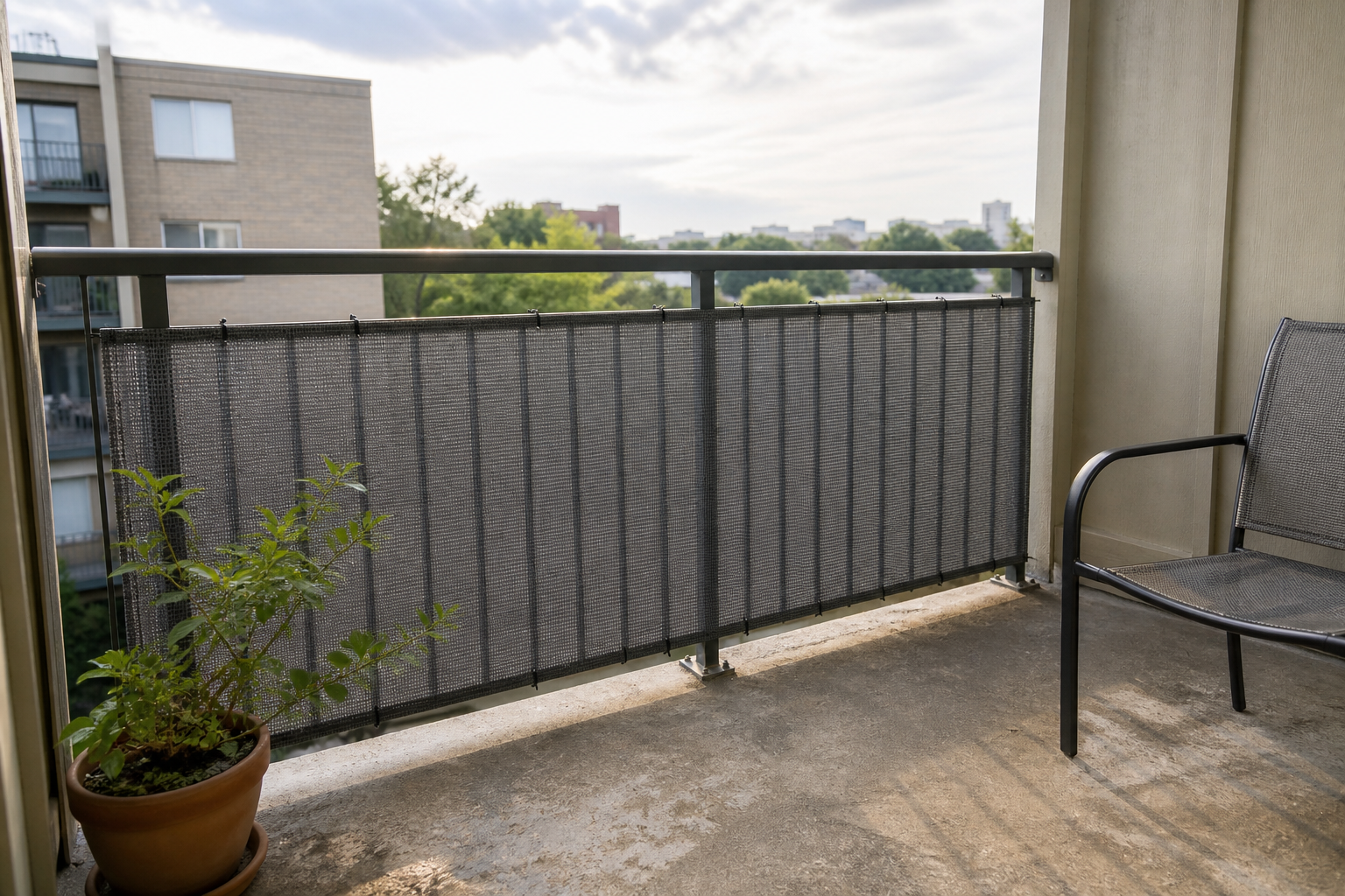 Neutral dark gray woven privacy screen attached to the inside of an apartment balcony railing with outdoor zip ties