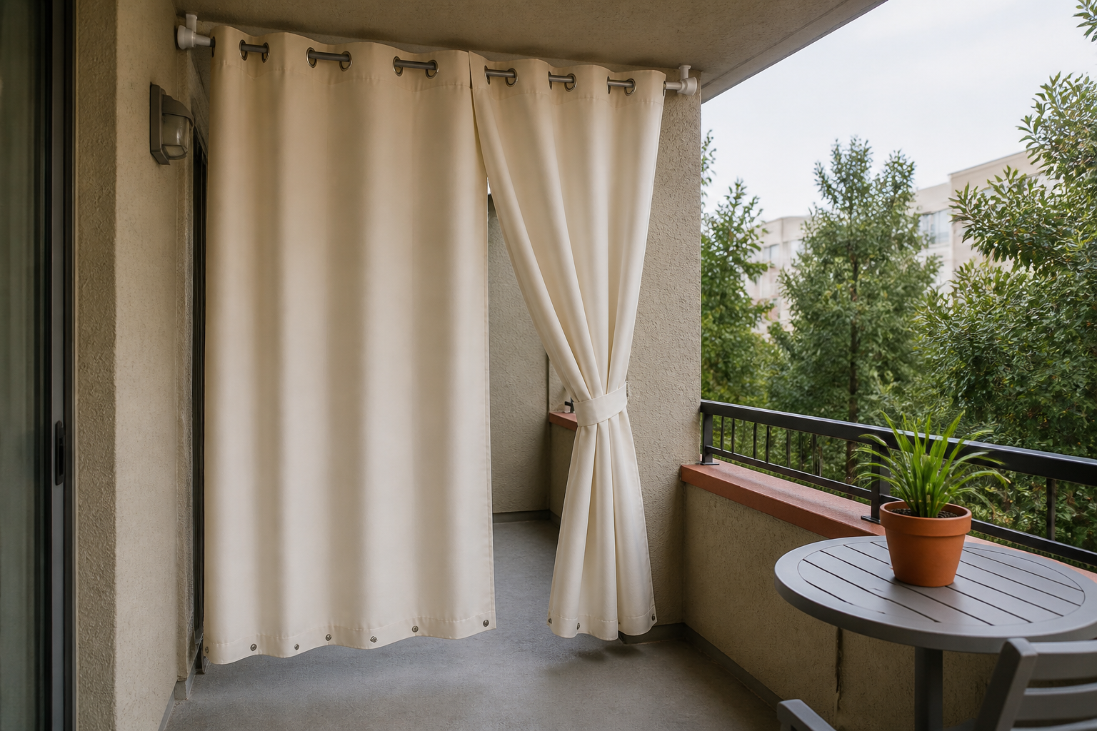 Cream outdoor privacy curtain on a covered apartment balcony with a tie-back and weighted lower hem