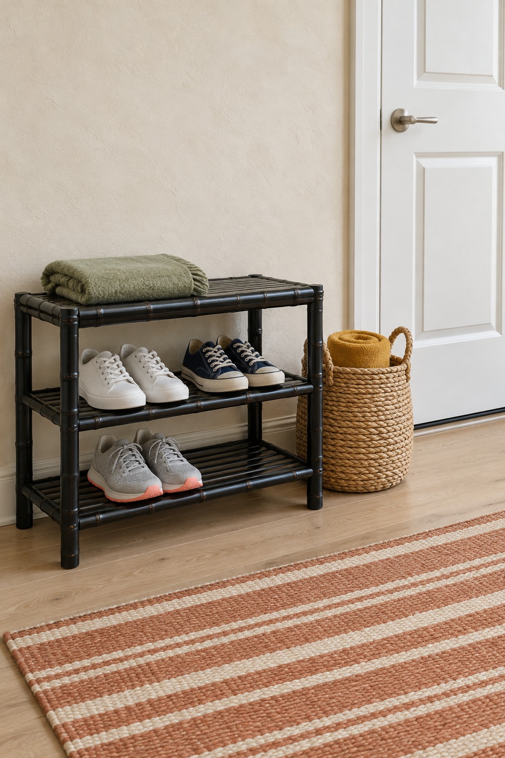Black bamboo shoe bench with three pairs of sneakers on two shelves beside a white front door, a woven basket and a striped runner
