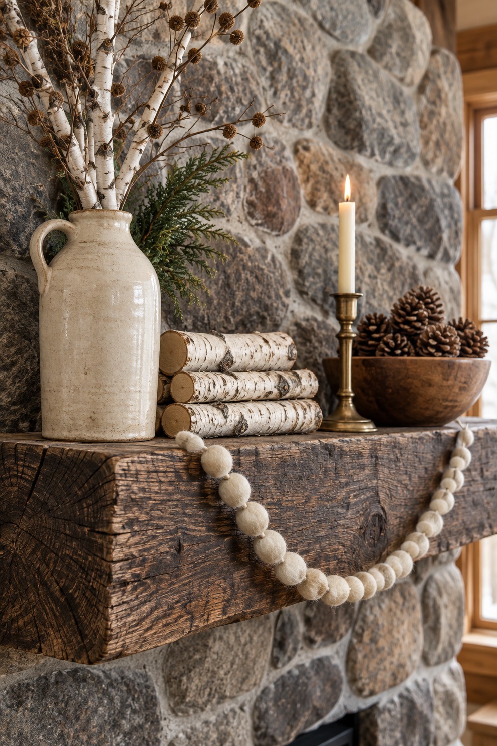 Left end of a rough oak mantel beam on a stone fireplace with a jug of bare birch branches, a stack of white birch logs, a bowl of pinecones, a wool felt ball garland and one lit candle