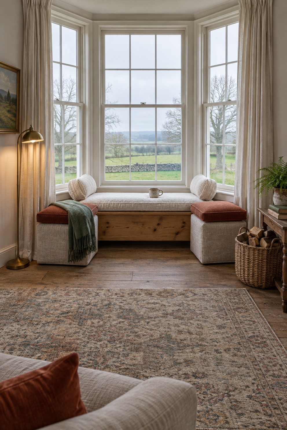 Bay window in a living room with a low pine bench in the middle and a square ottoman angled into each side window, with bolsters and a green wool throw