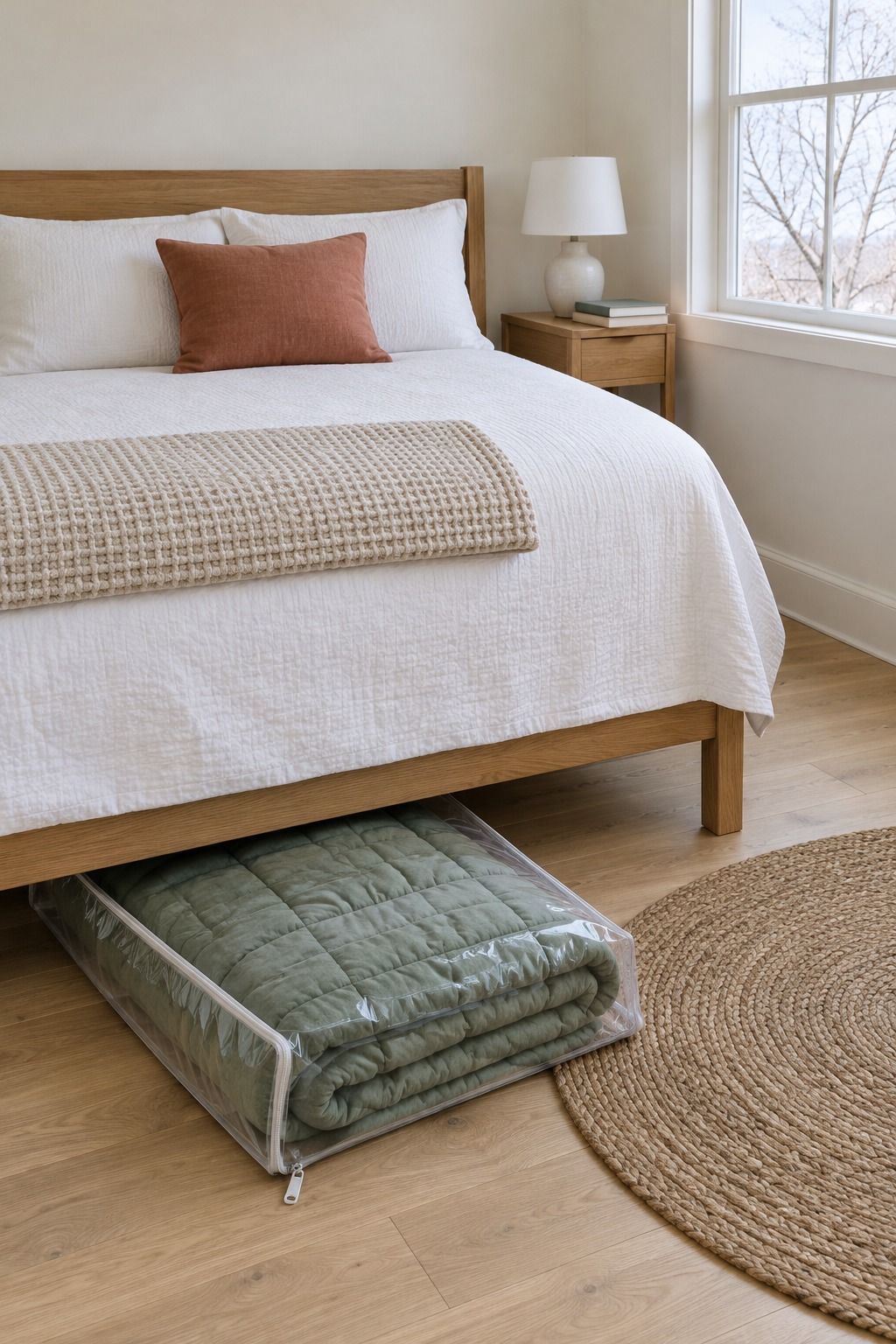 Light cotton coverlet on a small bed with a winter quilt stored in a zippered underbed bag
