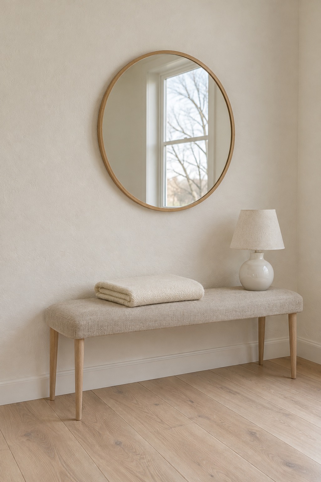 Round oak-framed mirror reflecting window light above a narrow bench in a small bedroom