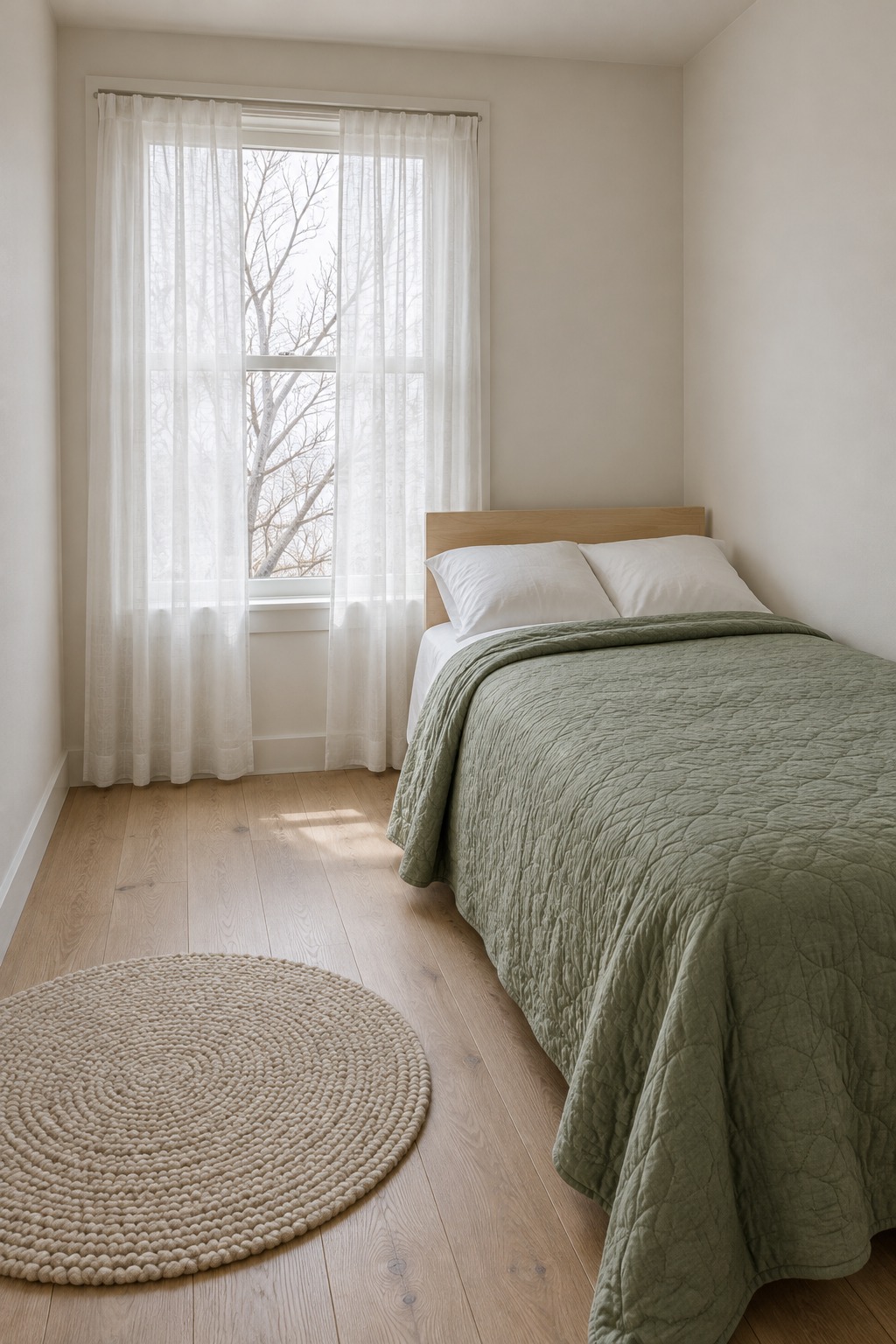 Sheer white curtains on a single bedroom window filtering daylight over a narrow bed with a sage quilt