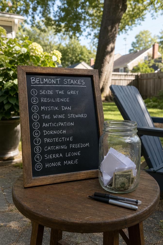 Small chalkboard listing Belmont Stakes horses with handwritten names and a glass jar of cash from the betting pool
