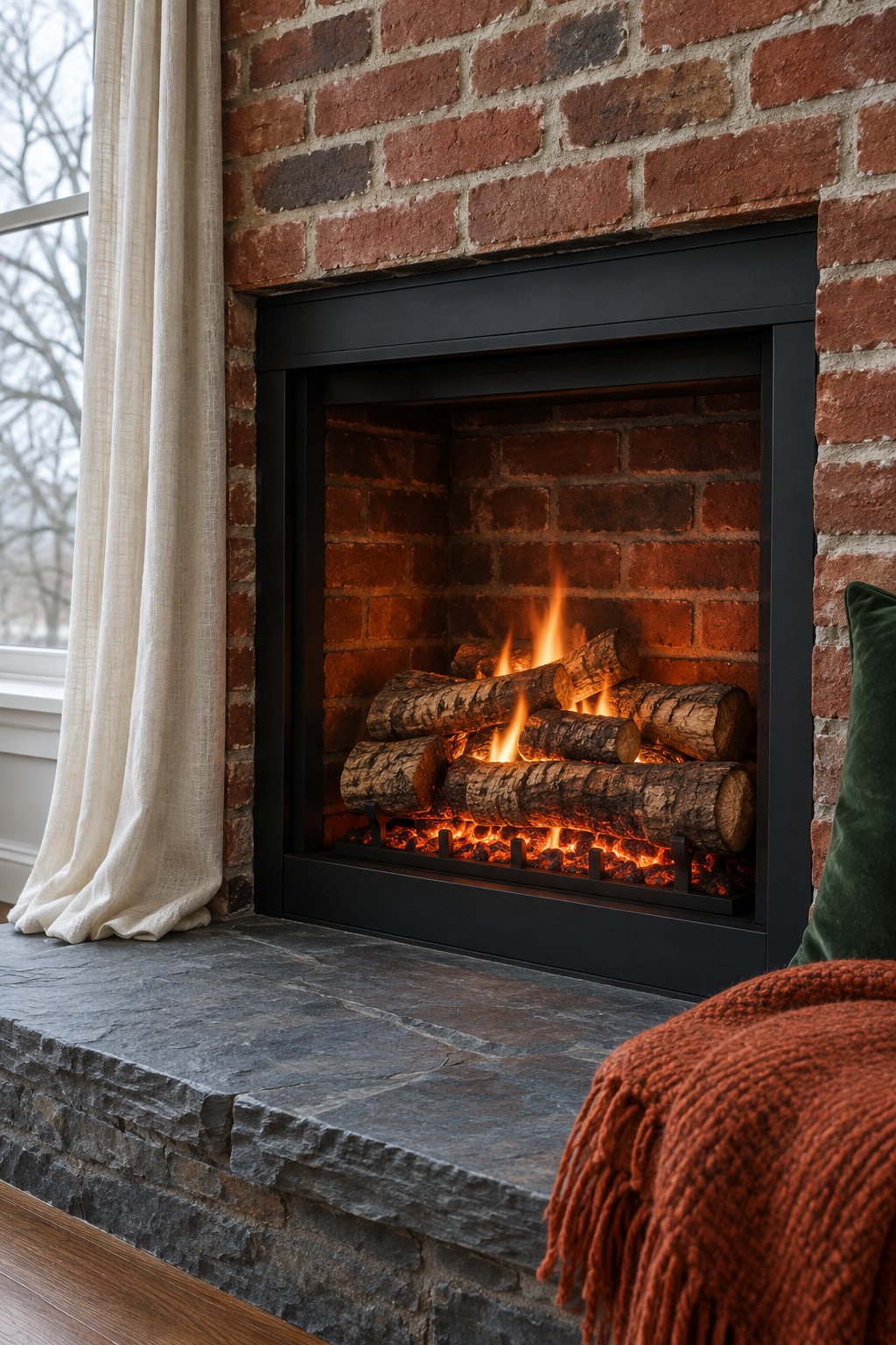 Brick fireplace opening with glowing electric logs and visible brick behind the flames