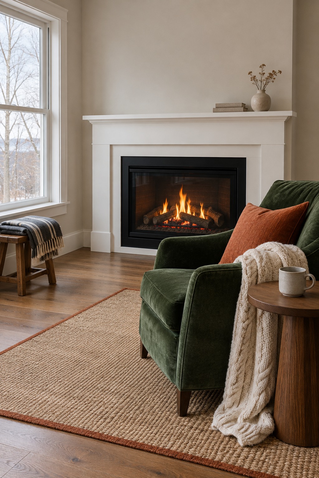 Black glass-front fireplace insert in a white painted surround beside a green velvet armchair