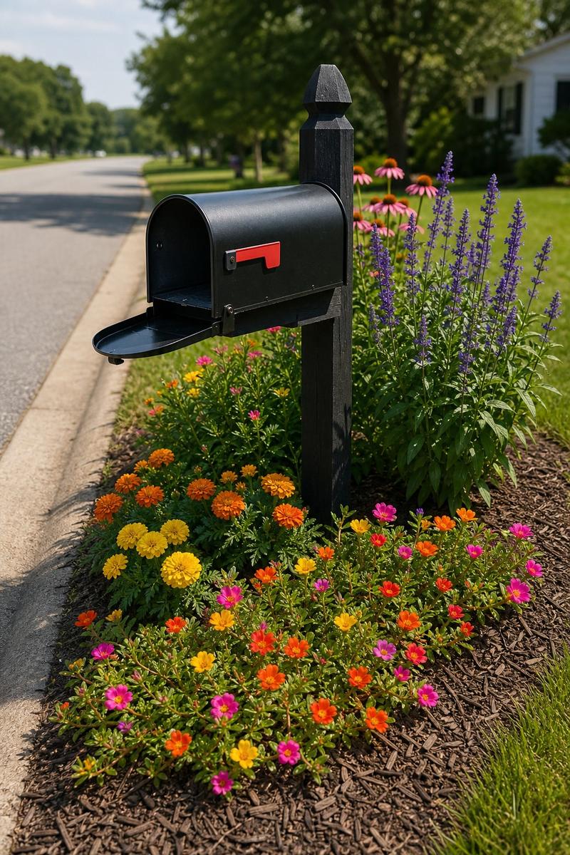 Black roadside mailbox surrounded by a compact mixed flower bed