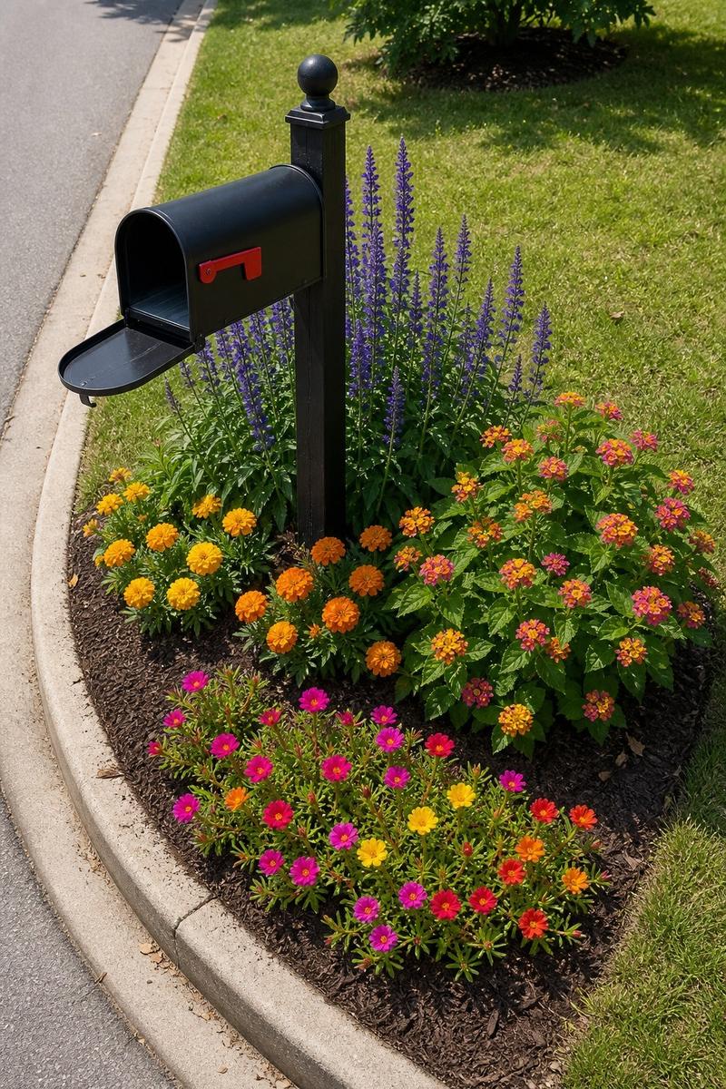 Black mailbox on a post with purple salvia behind it, orange marigolds and pink lantana beside it and moss rose along the curved curb edge
