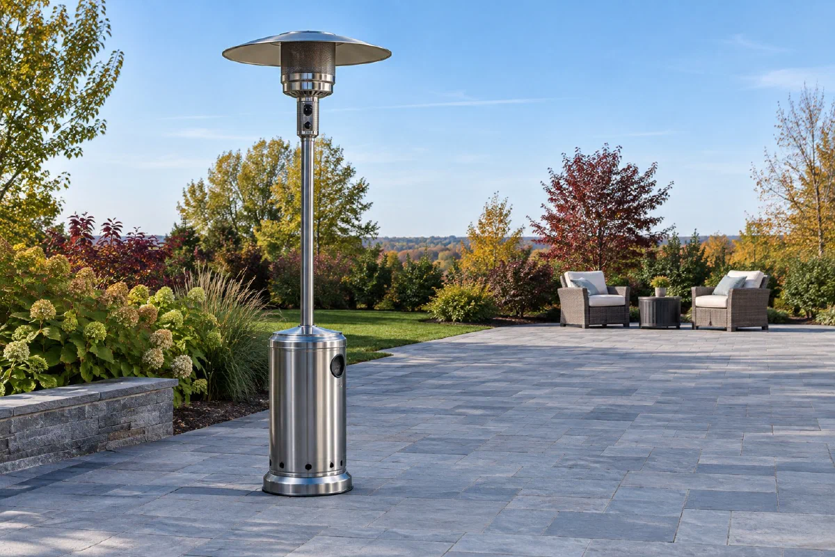 Freestanding mushroom-top patio heater on an open paved patio away from the seating area