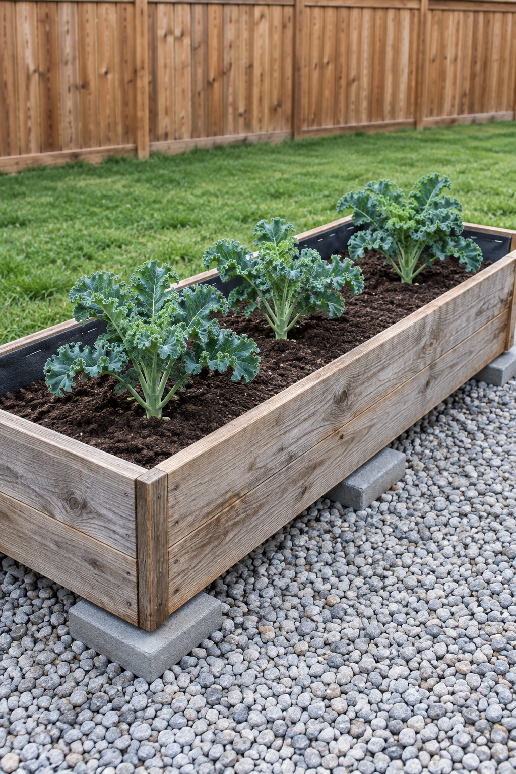 Wooden raised bed lifted on concrete pavers over gravel with fabric lining the inside wall