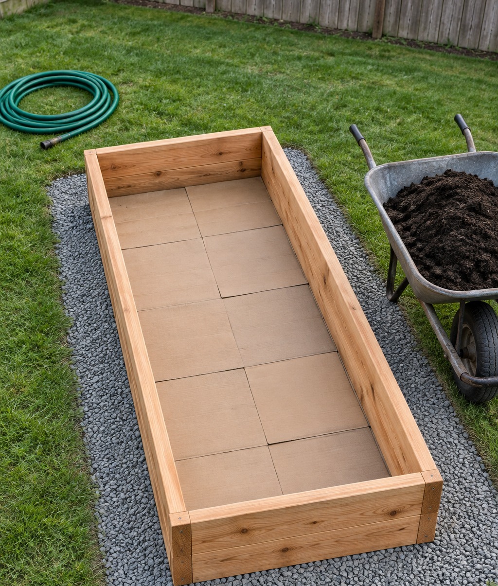 Empty cedar raised bed frame lined with cardboard beside a wheelbarrow of compost and a garden hose