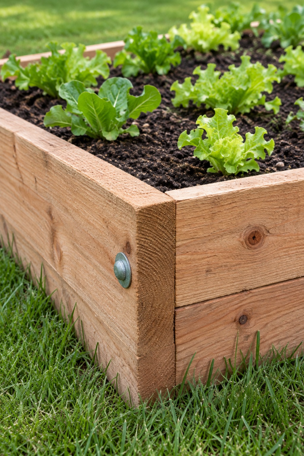 Corner of a raised bed built from thick cedar boards with a galvanized bolt and lettuce growing inside
