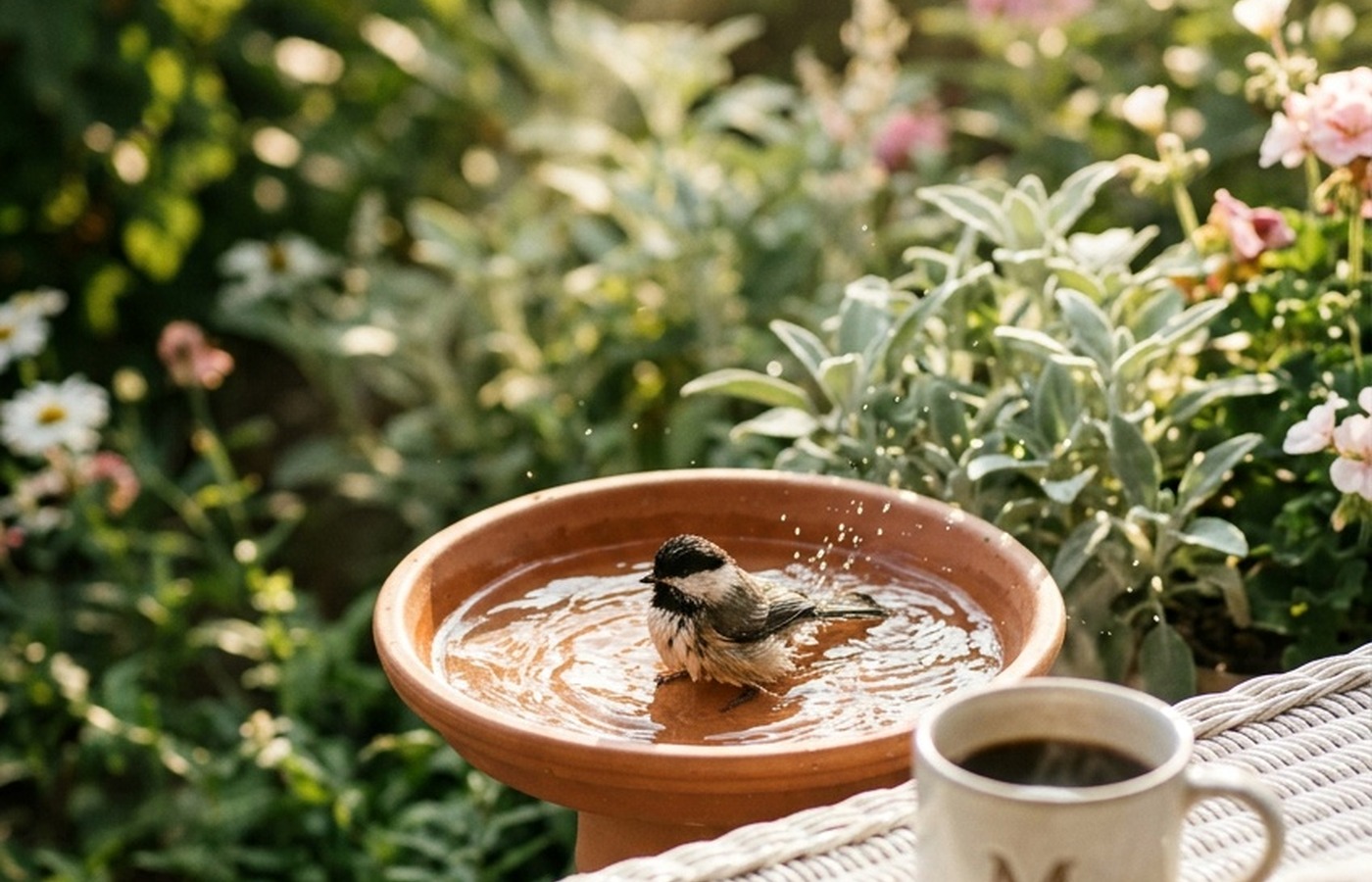 Chickadee bathing in a shallow terra-cotta bird bath beside a coffee mug on a patio table