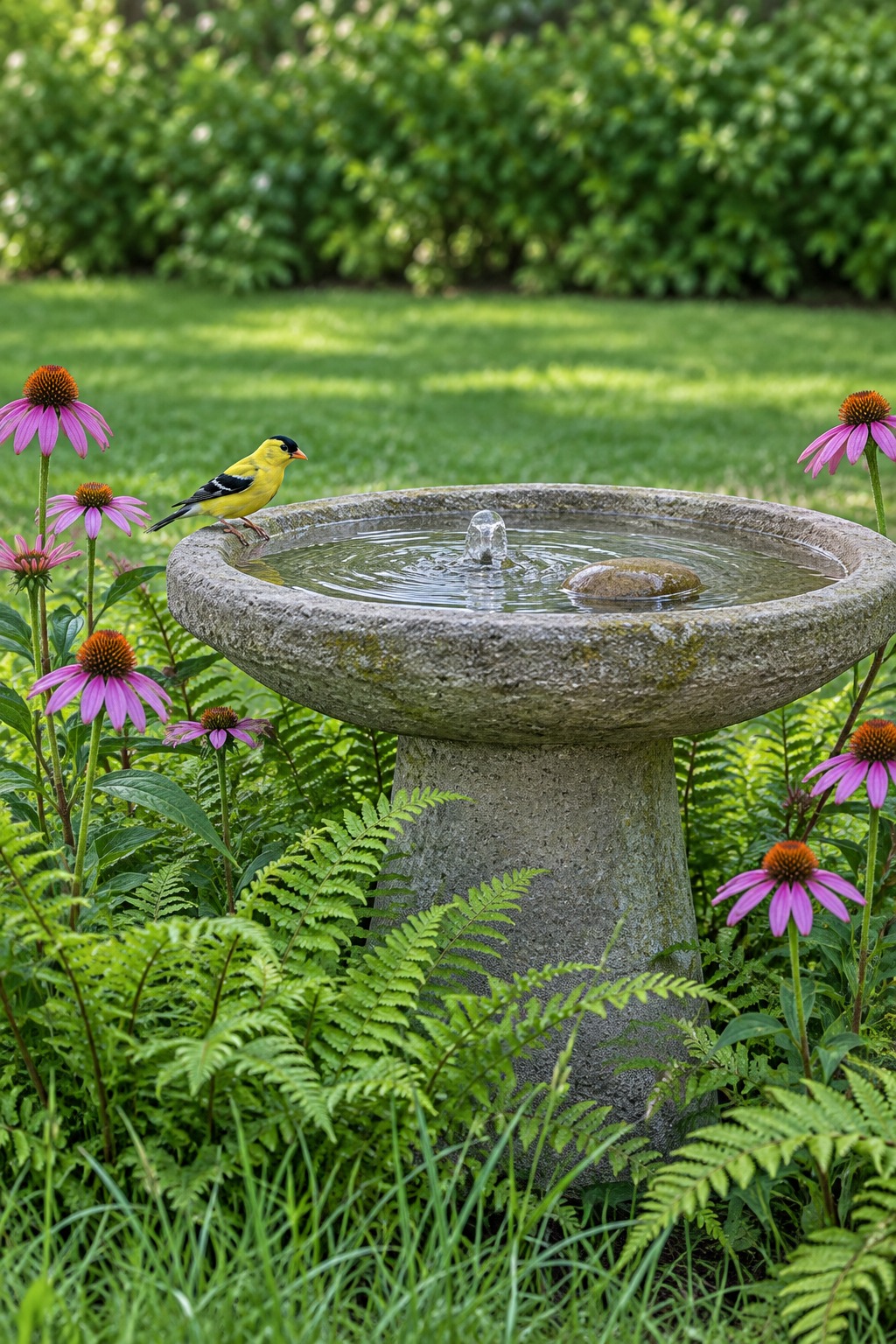 Low concrete bird bath with a gentle fountain burble and a goldfinch on the rim