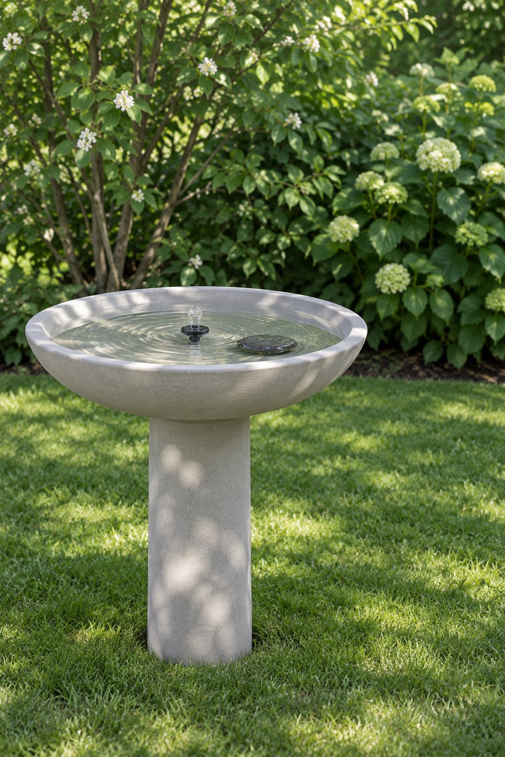 Smooth pale gray bird bath with a small bubbler in dappled shade on a lawn near a shrub border