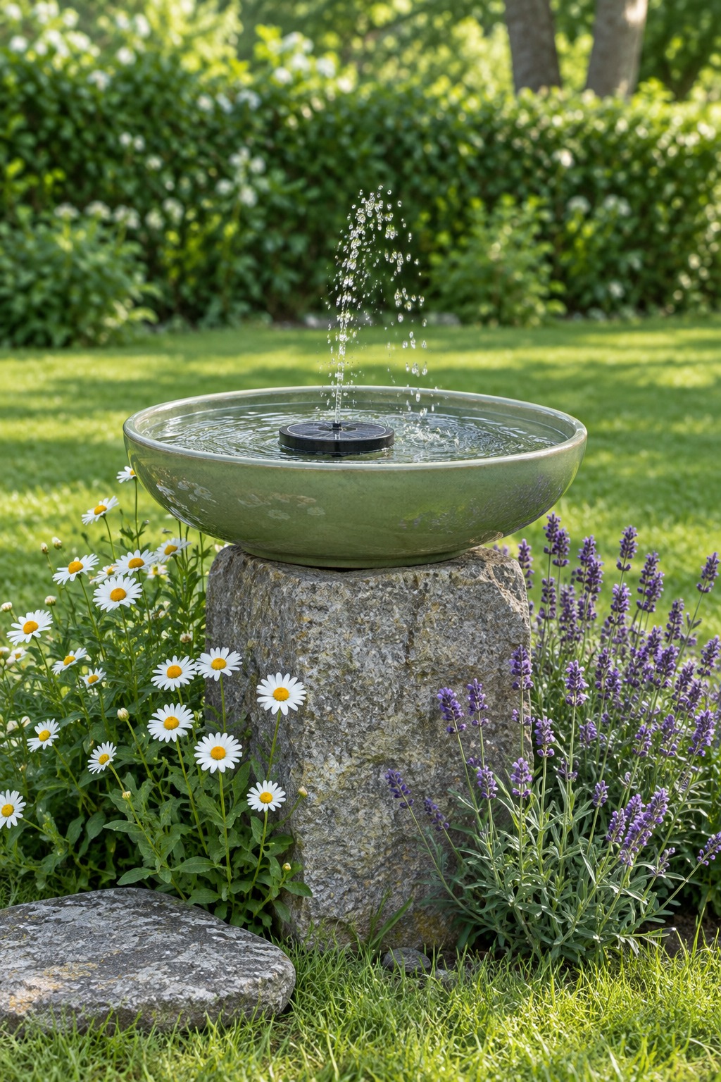 Shallow green ceramic bird bath with a small floating solar disc and a thin spray of water