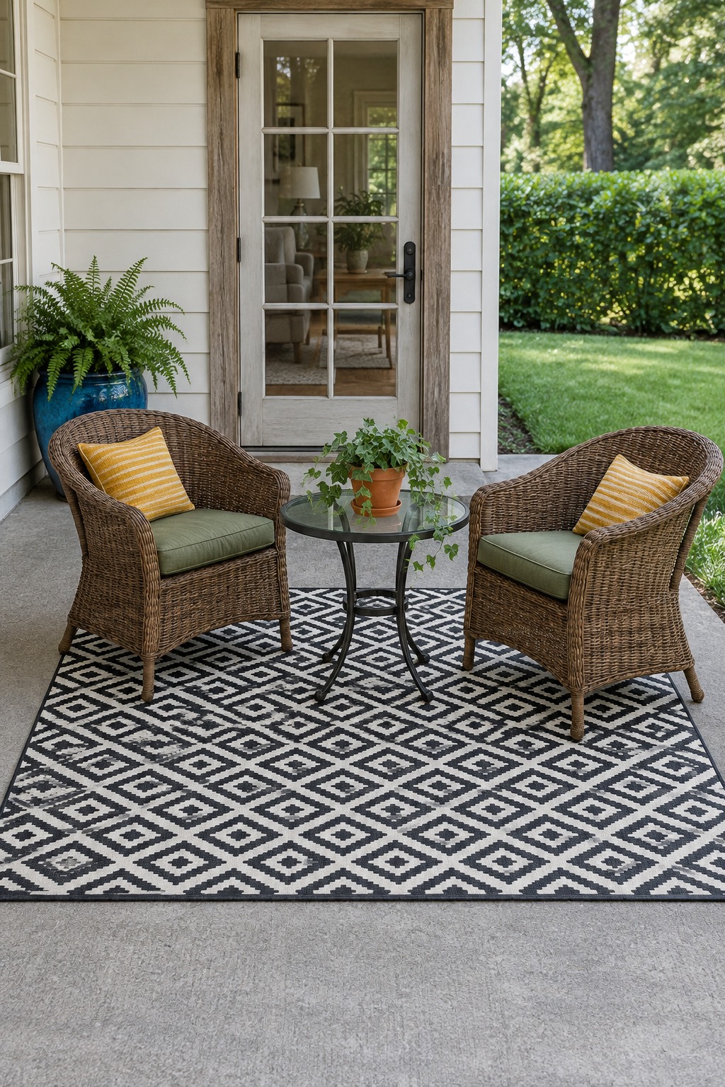 Black and white diamond pattern outdoor rug under two wicker chairs with green cushions and a round glass bistro table on a concrete patio