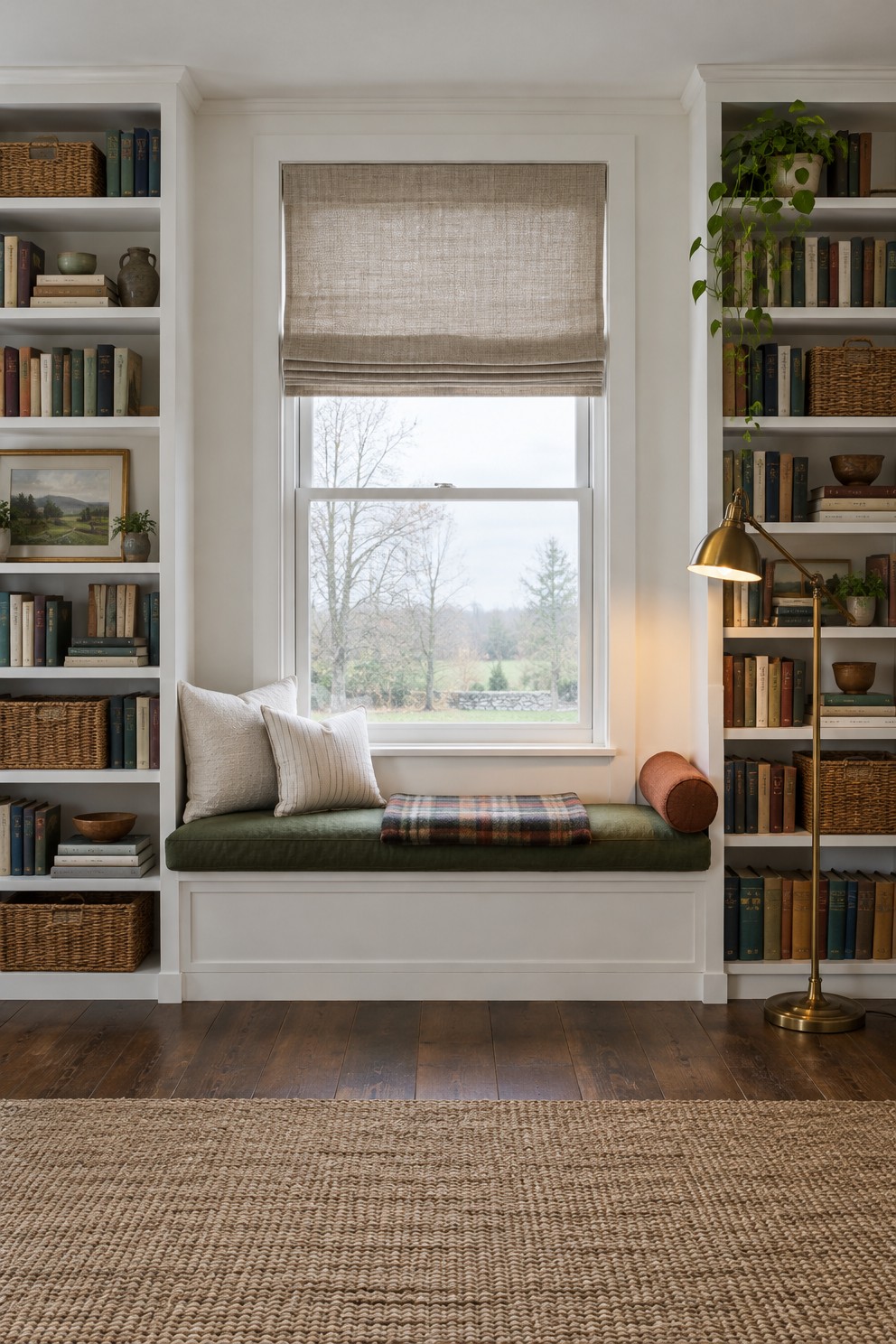 Two tall white bookcases on either side of a double-hung window with a long green cushioned bench between them, a rust bolster and a plaid blanket