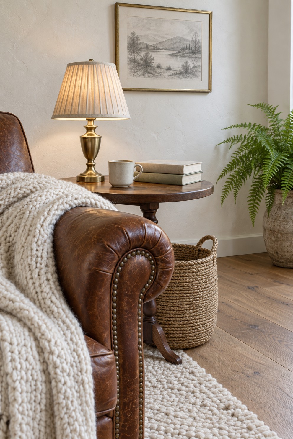 Brown leather armchair with a cream knit throw beside a walnut side table and a lit brass lamp against a cream wall, a warm living room palette