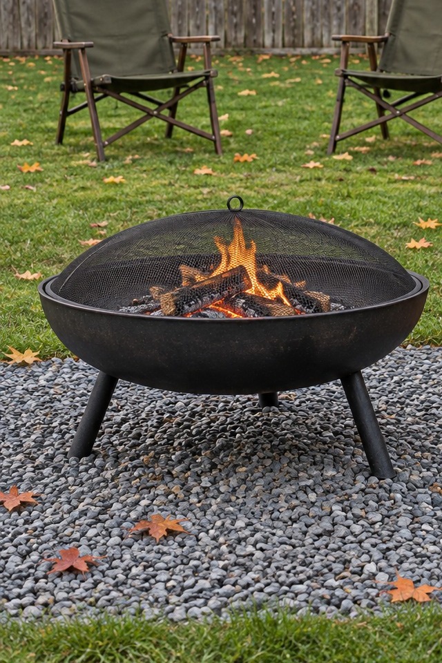 Black steel fire bowl under a mesh spark screen on a gravel pad with two camp chairs set back on the lawn