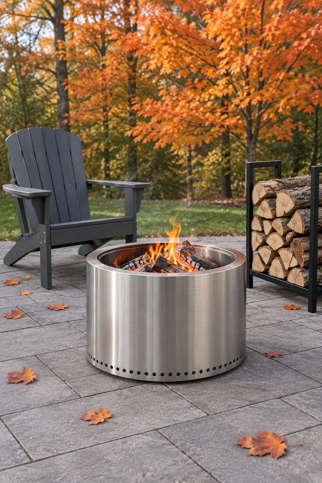 Double-wall steel fire pit with vent holes and a small wood fire on a paver patio in early fall