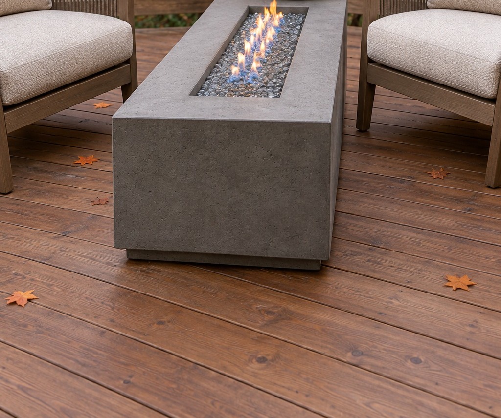 Rectangular fire table with a low flame between two oatmeal lounge chairs on a wood deck