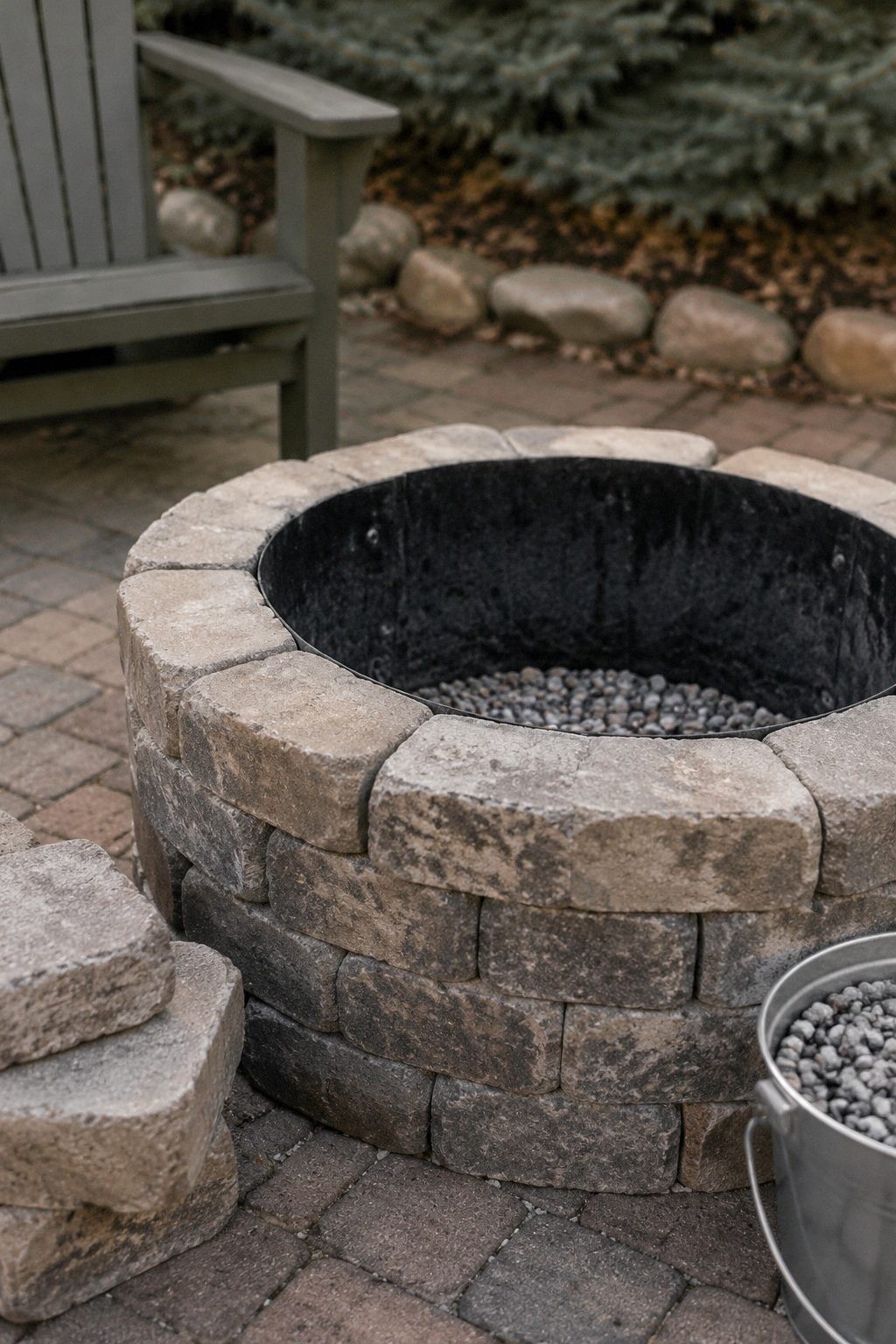 Retaining wall block fire pit ring with a black steel liner and a gravel floor, a pile of spare blocks beside it