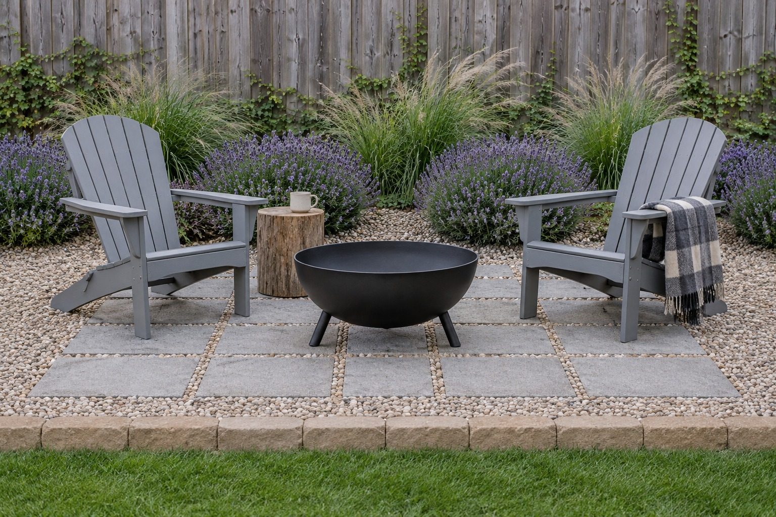 Square of gray concrete pavers with gravel in the joints and a gravel band edged with tan retaining wall blocks, a steel fire bowl and two gray Adirondack chairs