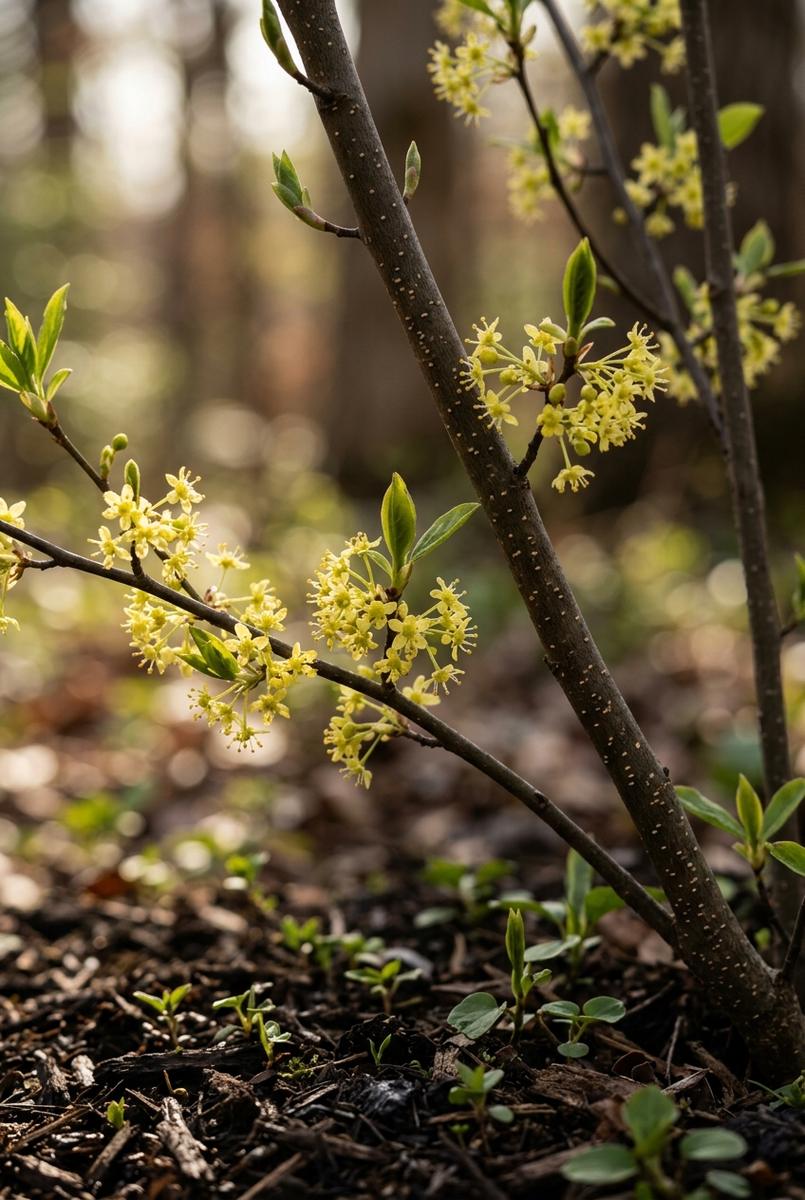 Spicebush and wild columbine in a partly shaded garden