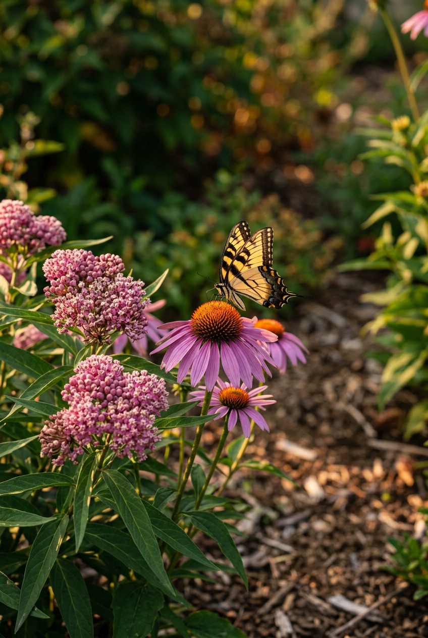 Milkweed and coneflower flowering in a summer butterfly garden