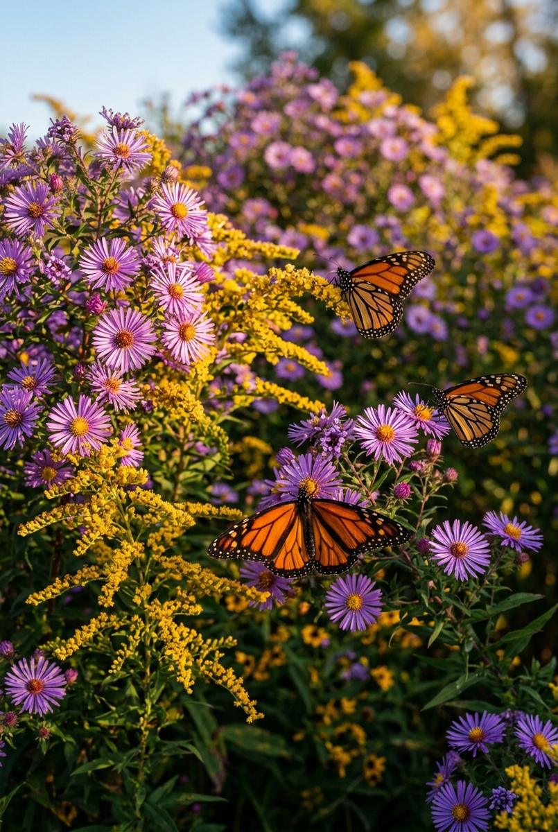 Asters and goldenrod flowering in a later-season butterfly garden