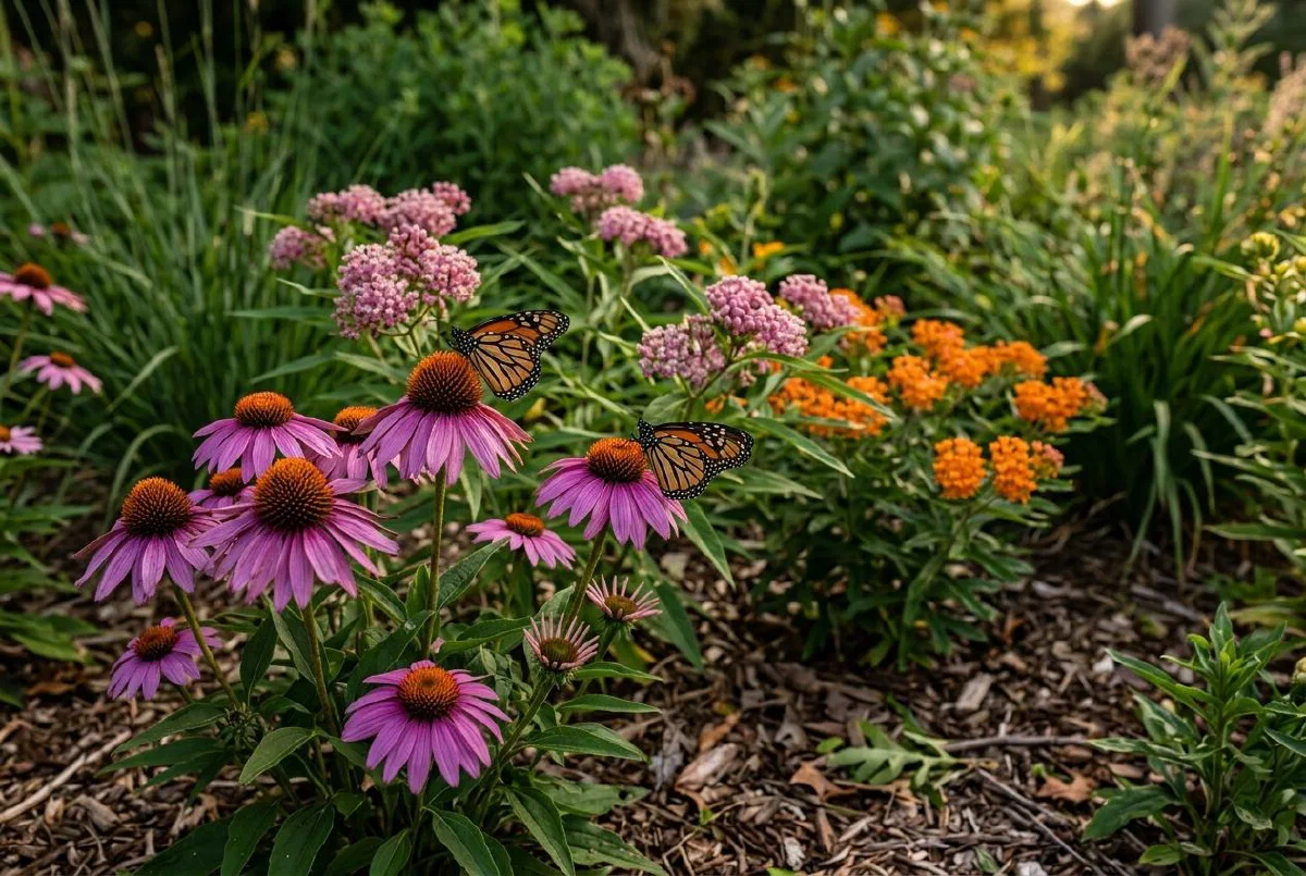 Flowering garden border with coneflowers and orange blooms