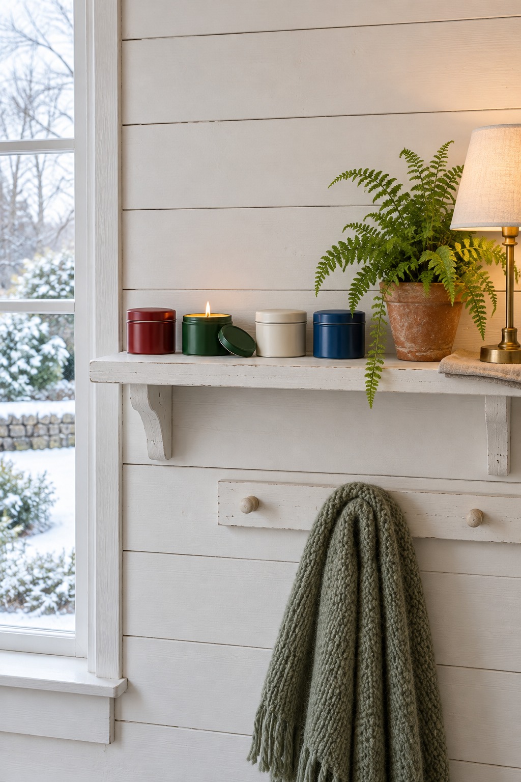 Four decorative candle tins in a row on a painted farmhouse shelf beside a stack of books, a small plant and a lit lamp, a window with a winter garden behind