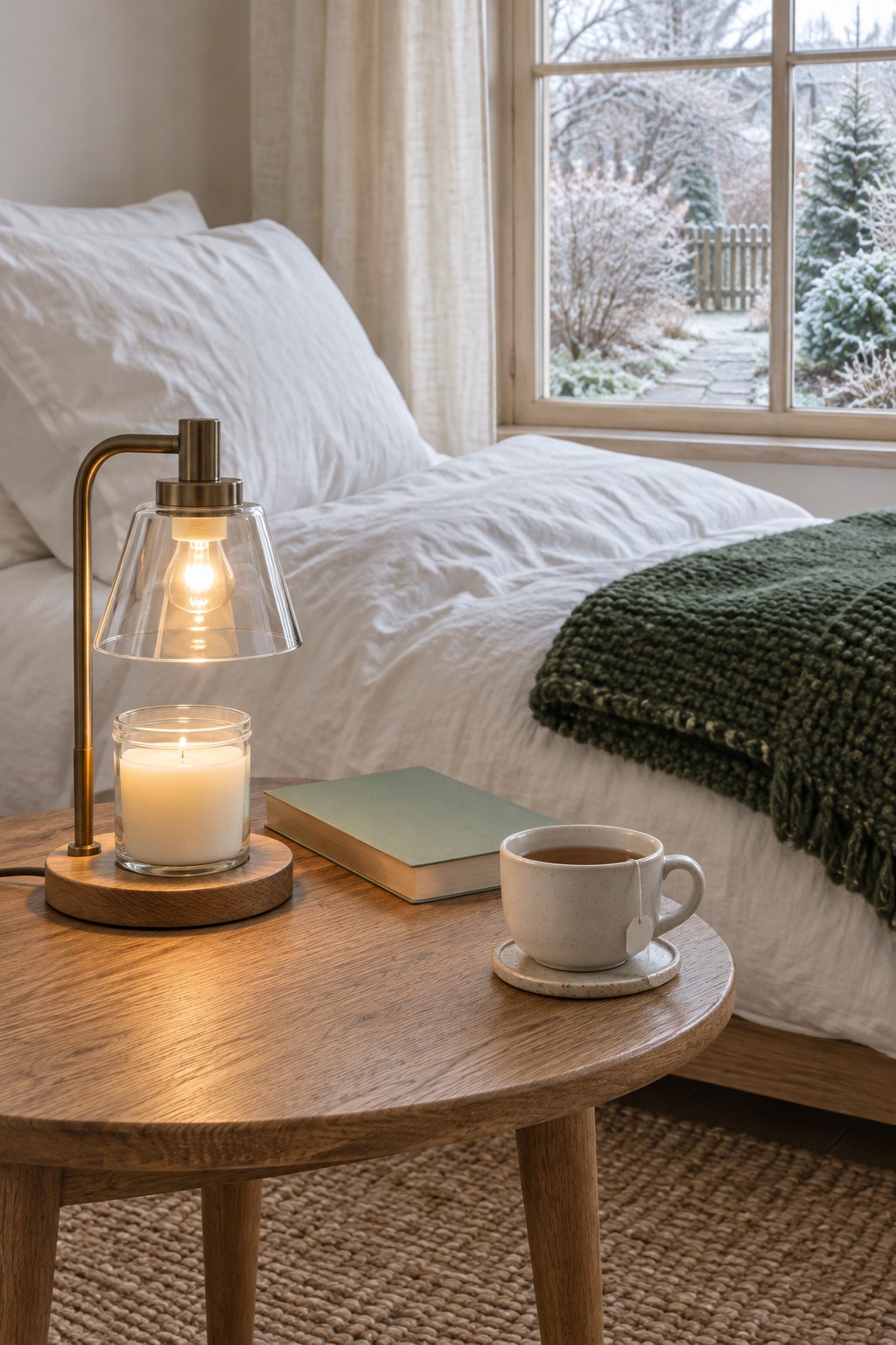 Candle warmer lamp with a glass shade glowing over a jar candle on a bedside table next to a paperback and a cup of tea on a coaster, a folded throw and a window with a dark winter garden