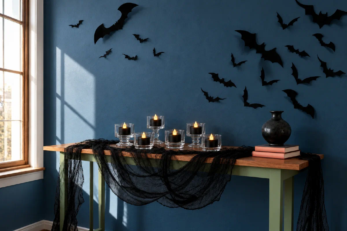 Low black flameless LED tea lights in glass holders on a console against a muted blue wall with black gauze and bat decorations