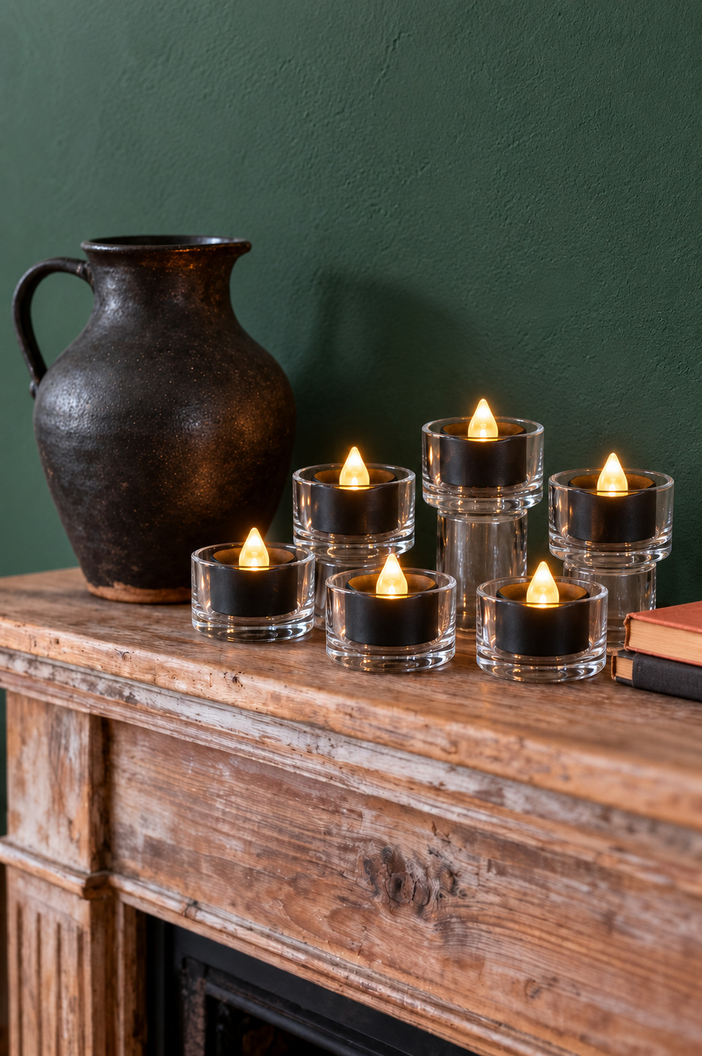 Illustrative close-up of six low black LED tea lights in glass holders on a wooden mantel against a forest-green wall