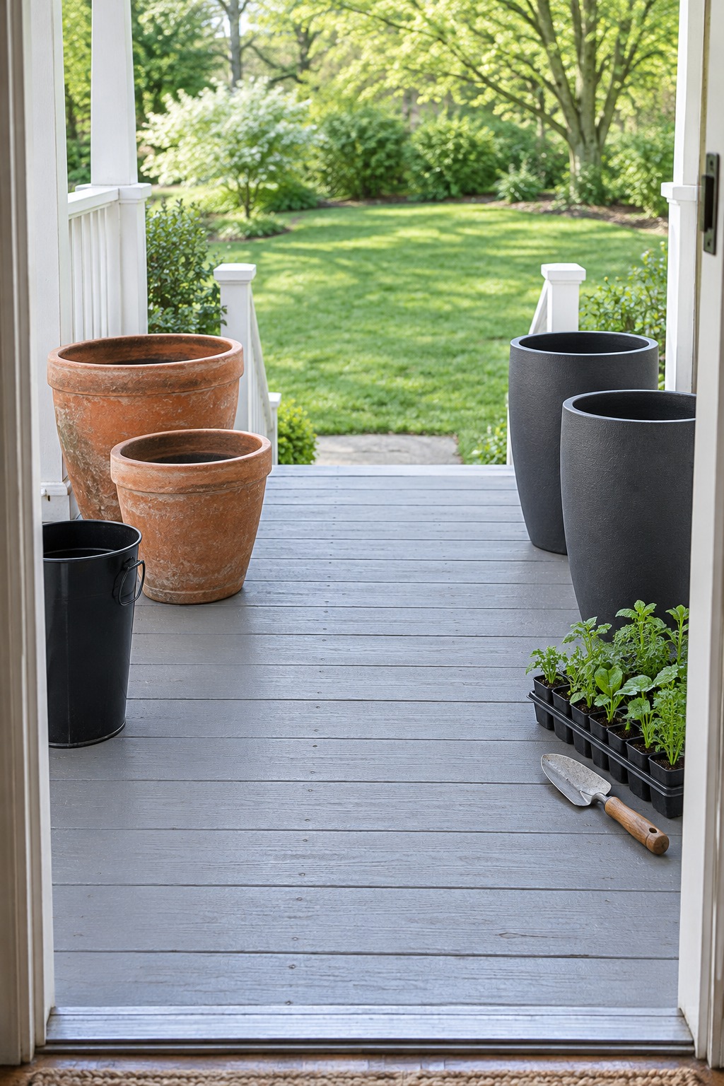 Five empty pots arranged on a porch floor with a clear walkway before any planting