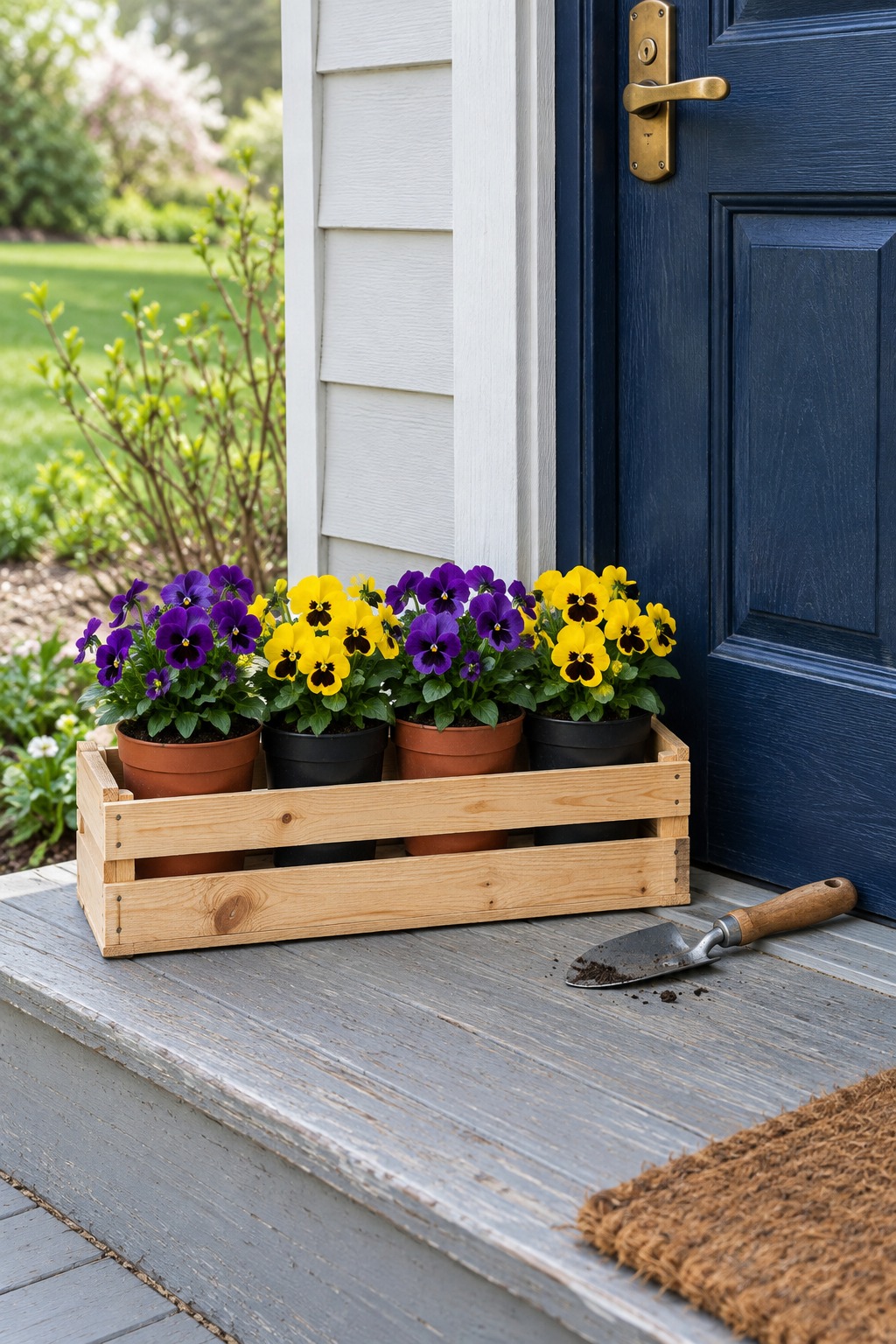 Slatted wood crate holding four pansy pots on a porch step beside a navy door