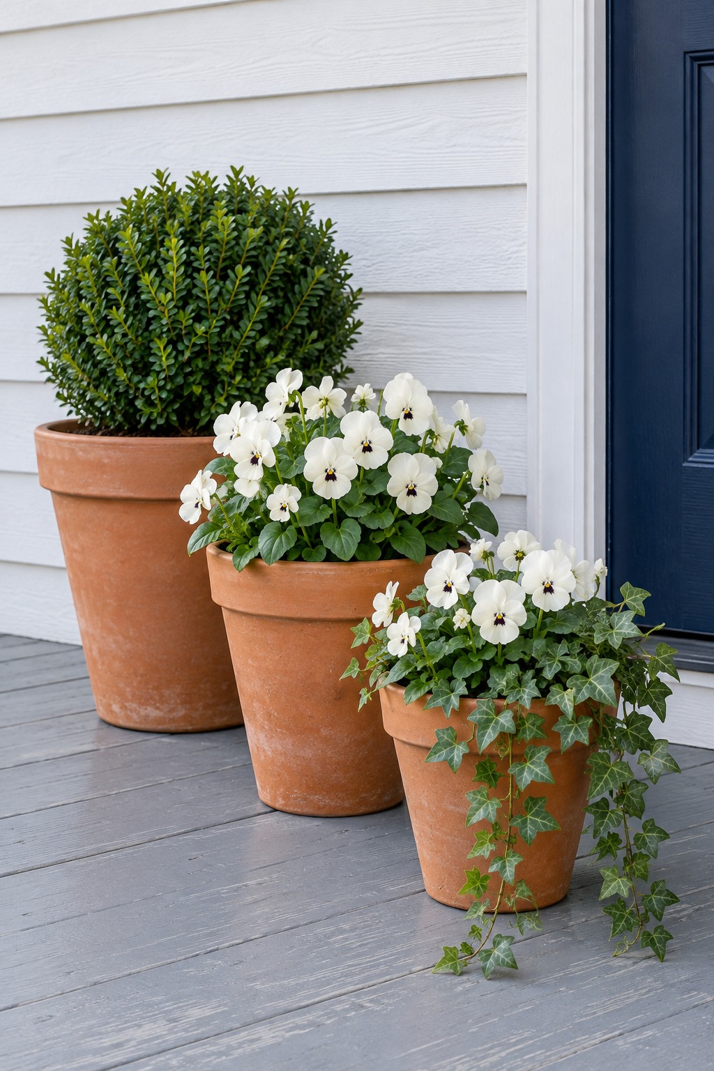 Three graduated terracotta pots with white pansies, ivy and boxwood on a gray porch floor