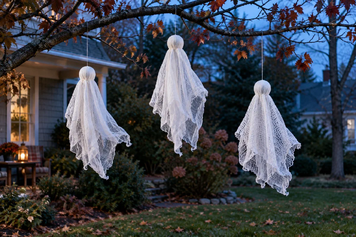 Three lightweight cheesecloth ghosts hanging separately from a tree in a backyard at dusk
