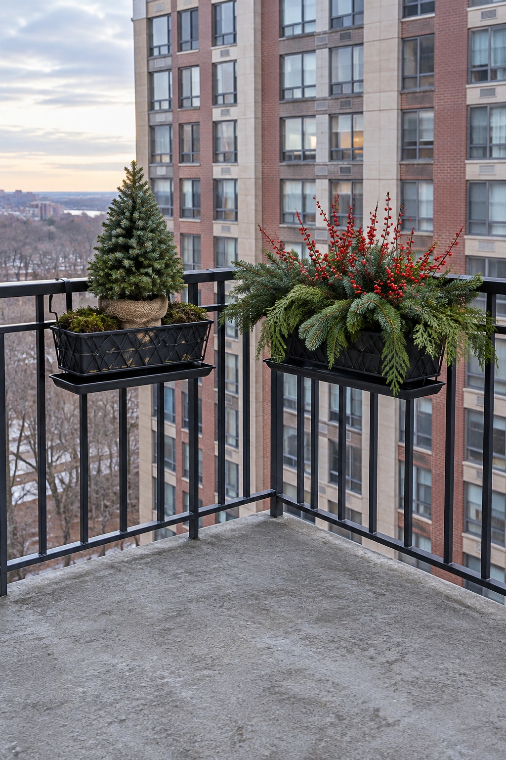 Two black metal railing planters hooked over the inside of a high balcony rail, one holding a small potted evergreen and one holding cut spruce and cedar boughs with red winterberry stems, each over a drip tray