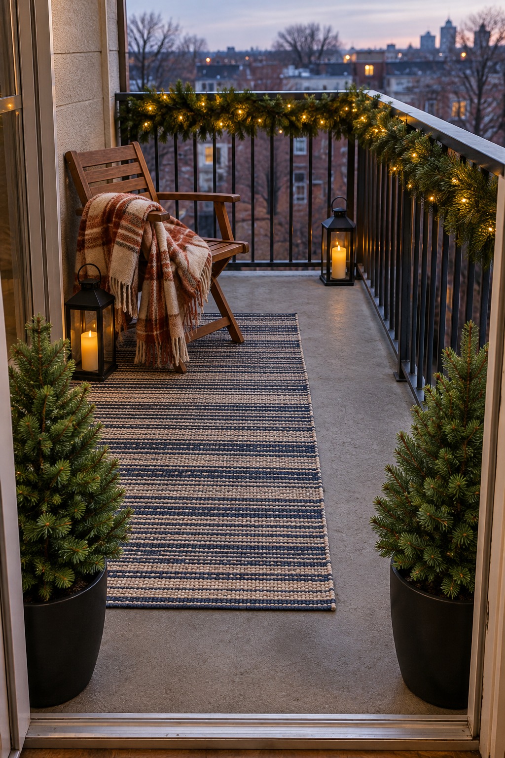 Narrow apartment balcony seen from the door, with an outdoor rug, two matching potted spruces at the door end, a folding chair with a plaid blanket, two lanterns and a garland with lights along the inside of the rail, leaving a clear lane to the rail