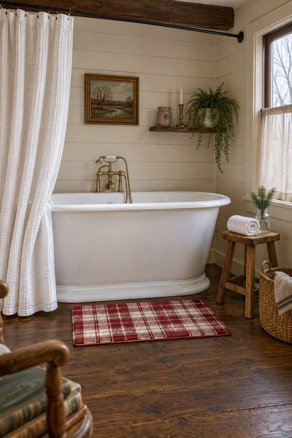 Red and cream plaid bath mat flat on a wood floor in front of a white tub, with a plain white waffle shower curtain pulled back, a rolled towel on a wooden stool and a pine sprig in a jar