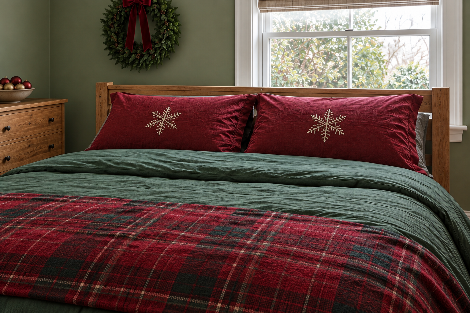 Forest-green duvet, burgundy tartan throw and matching cranberry snowflake pillowcases on the wooden bed.