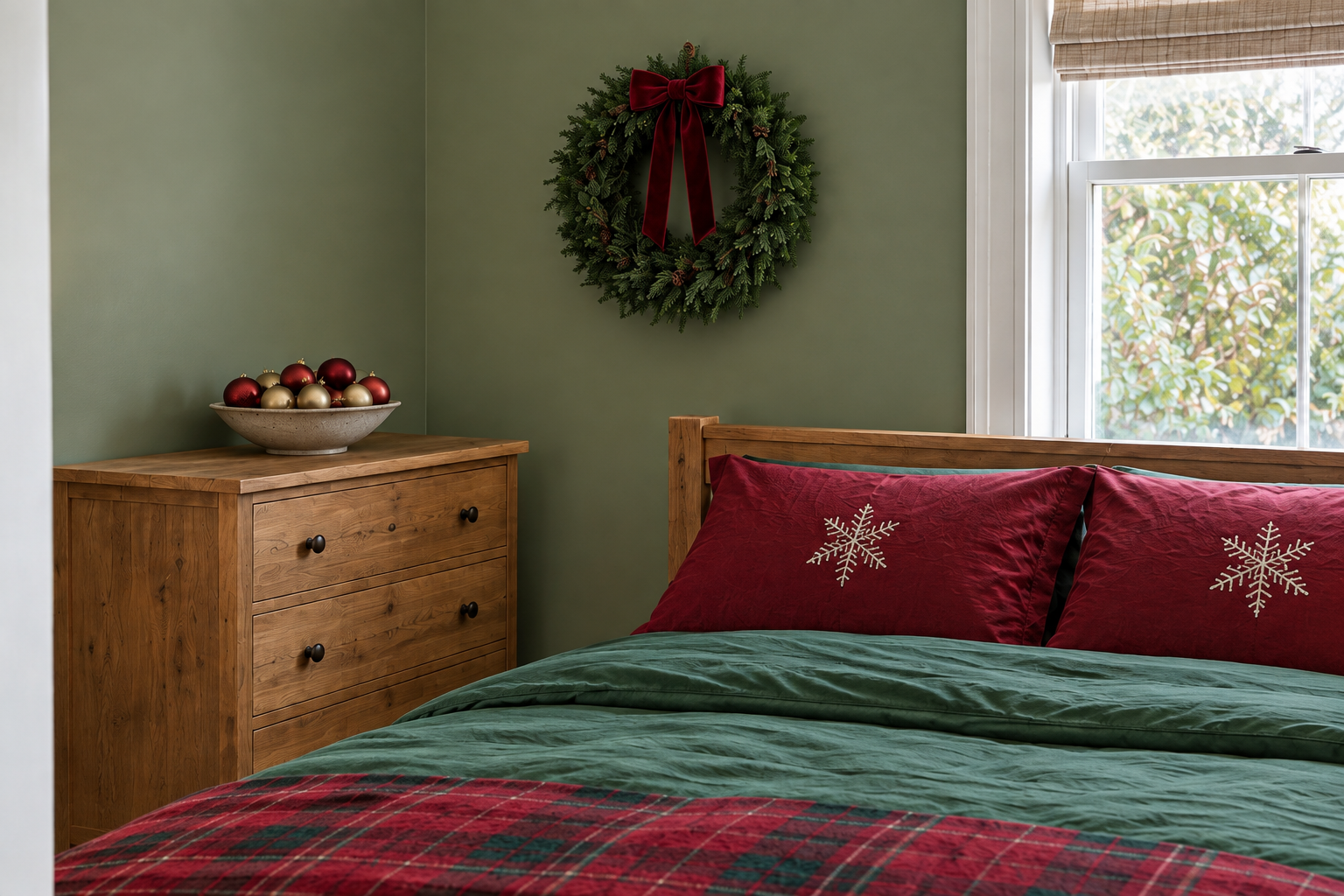Red and brass ornaments in a pottery bowl on the oak dresser beside a centered evergreen wreath with a burgundy bow.