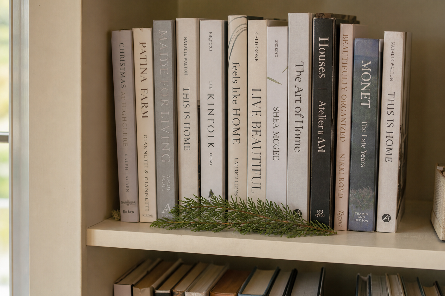 Low evergreen arranged below accessible book spines on a Christmas bookshelf